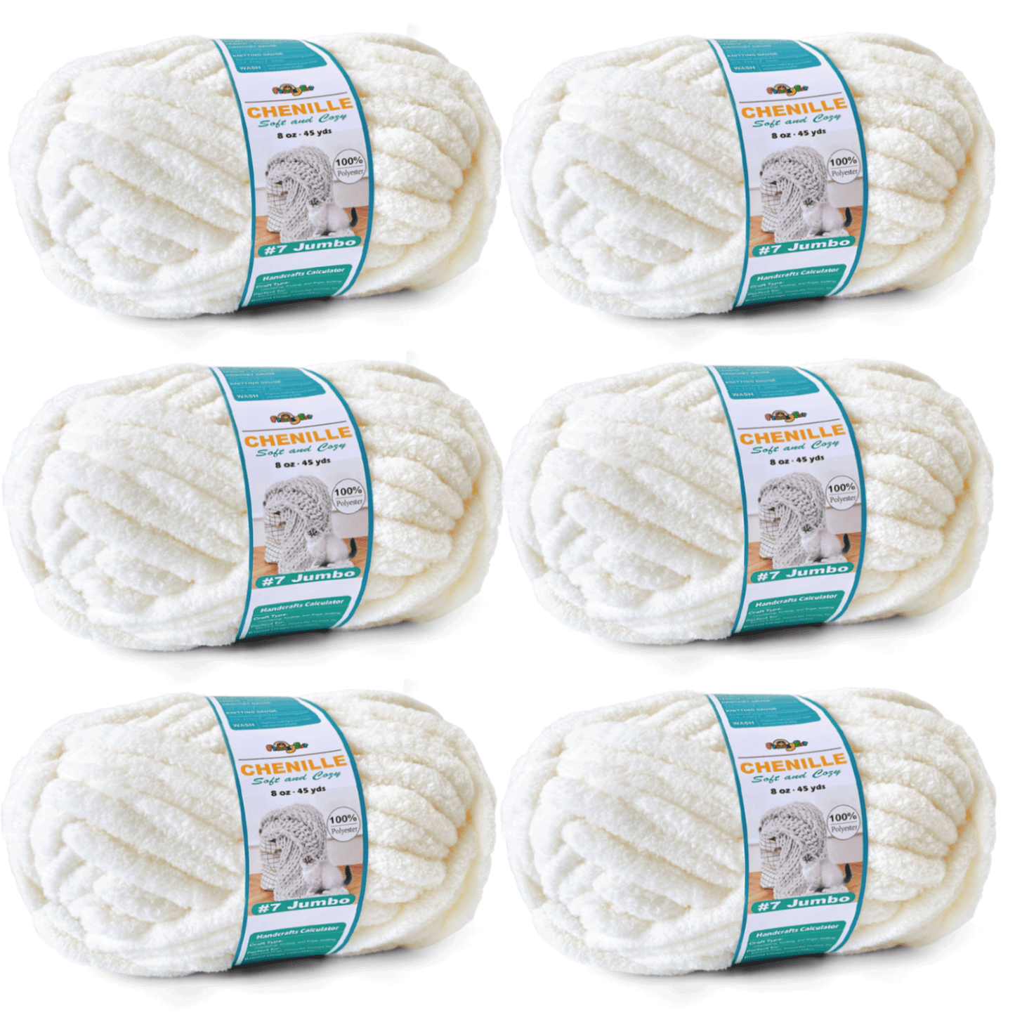 Chunky Chenille Yarn for Crocheting - Bulky Fluffy Yarn for Knitting -100% Polyester -Jumbo 7-45 yds/8.8 oz Each Skein-white