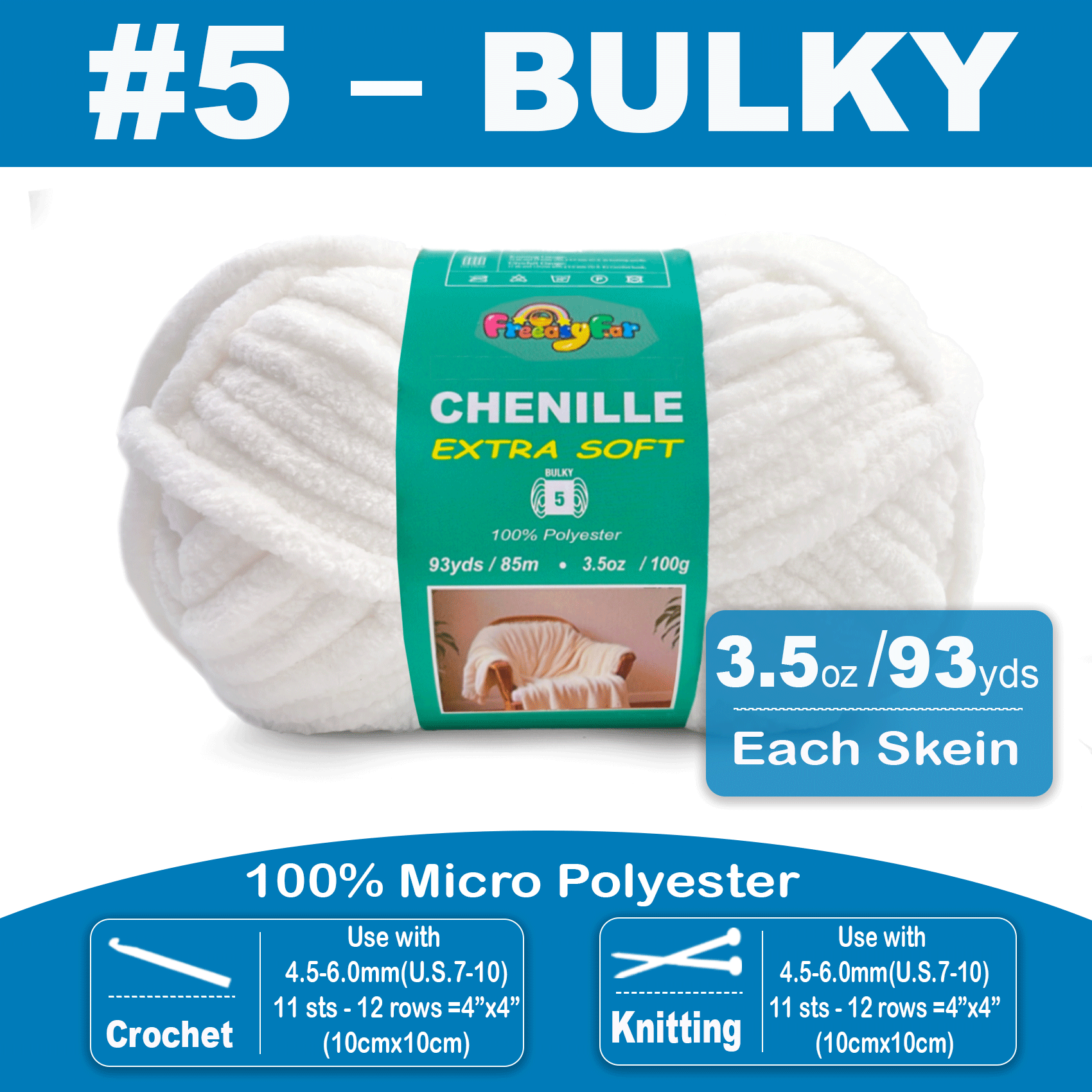 Variegated Chenille Yarn for Crocheting and Knitting- #5 Bulky-3.5oz/93yds Each Skein - White Freeasyfar