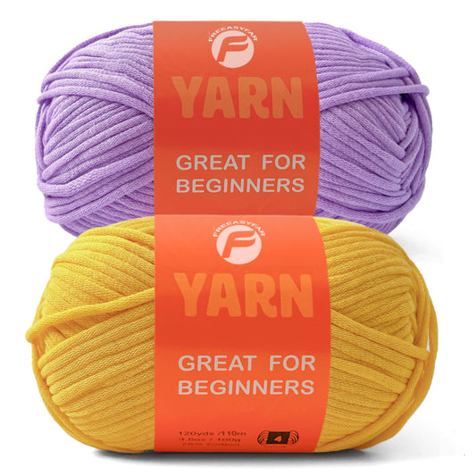 2 Pack Easy Yarn for Crocheting and Knitting; 2x120 yds Cotton Yarn for Beginner with Easy-to-See Stitches; Medium #4 (Yellow+Purple)