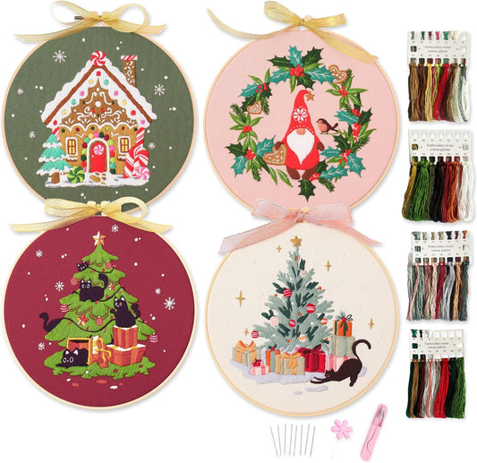 4 Sets Christmas Embroidery Kit with Patterns, Fabric, Floss, Needle, Hoop and Instructions Freeasyfar