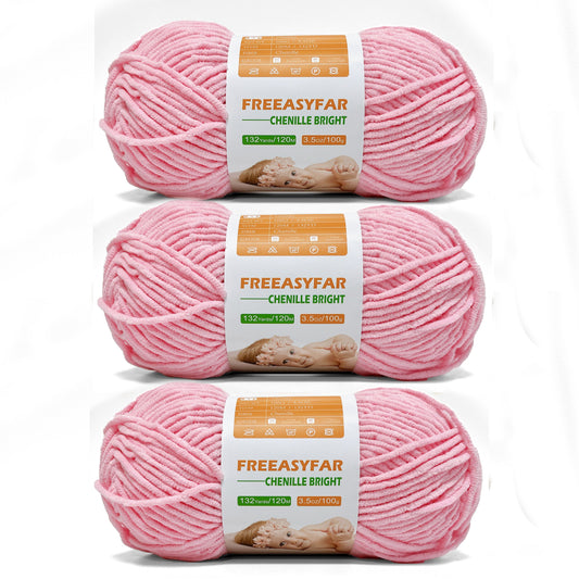 FREEASYFAR Soft Chenille Yarn for Amigurumi, Blanket Yarn for Knitting,Velvet Yarn for Crochet Weaving DIY Craft,3 Skeins, 3x132 Yards/3x100g, Worsted-Weight Medium #4 (Pink) - Freeasyfar
