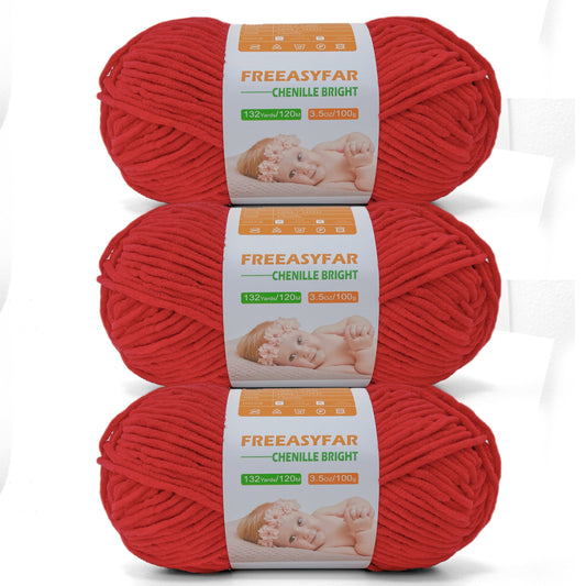 FREEASYFAR Soft Chenille Yarn for Amigurumi, Blanket Yarn for Knitting,Velvet Yarn for Crochet Weaving DIY Craft,3 Skeins, 3x132 Yards/3x100g, Worsted-Weight Medium #4 (Red) - Freeasyfar
