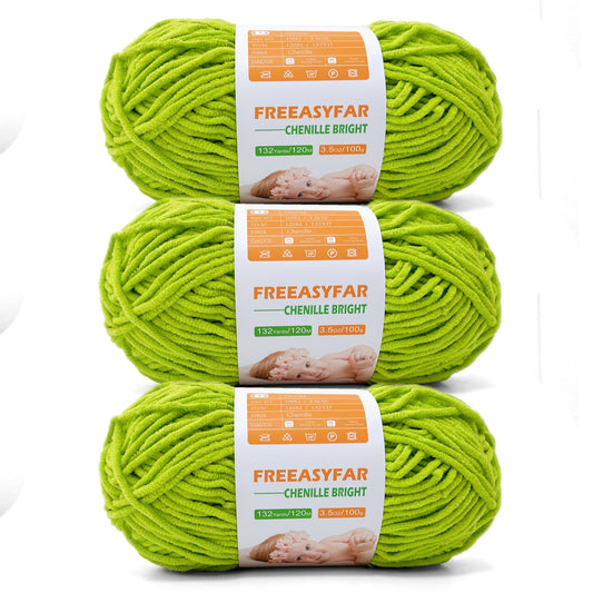 FREEASYFAR Soft Chenille Yarn for Amigurumi, Blanket Yarn for Knitting,Velvet Yarn for Crochet Weaving DIY Craft,3 Skeins, 3x132 Yards/3x100g, Worsted-Weight Medium #4 (Green) - Freeasyfar