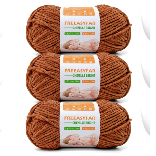 FREEASYFAR Soft Chenille Yarn for Amigurumi, Blanket Yarn for Knitting,Velvet Yarn for Crochet Weaving DIY Craft,3 Skeins, 3x132 Yards/3x100g, Worsted-Weight Medium #4 (Latte) - Freeasyfar