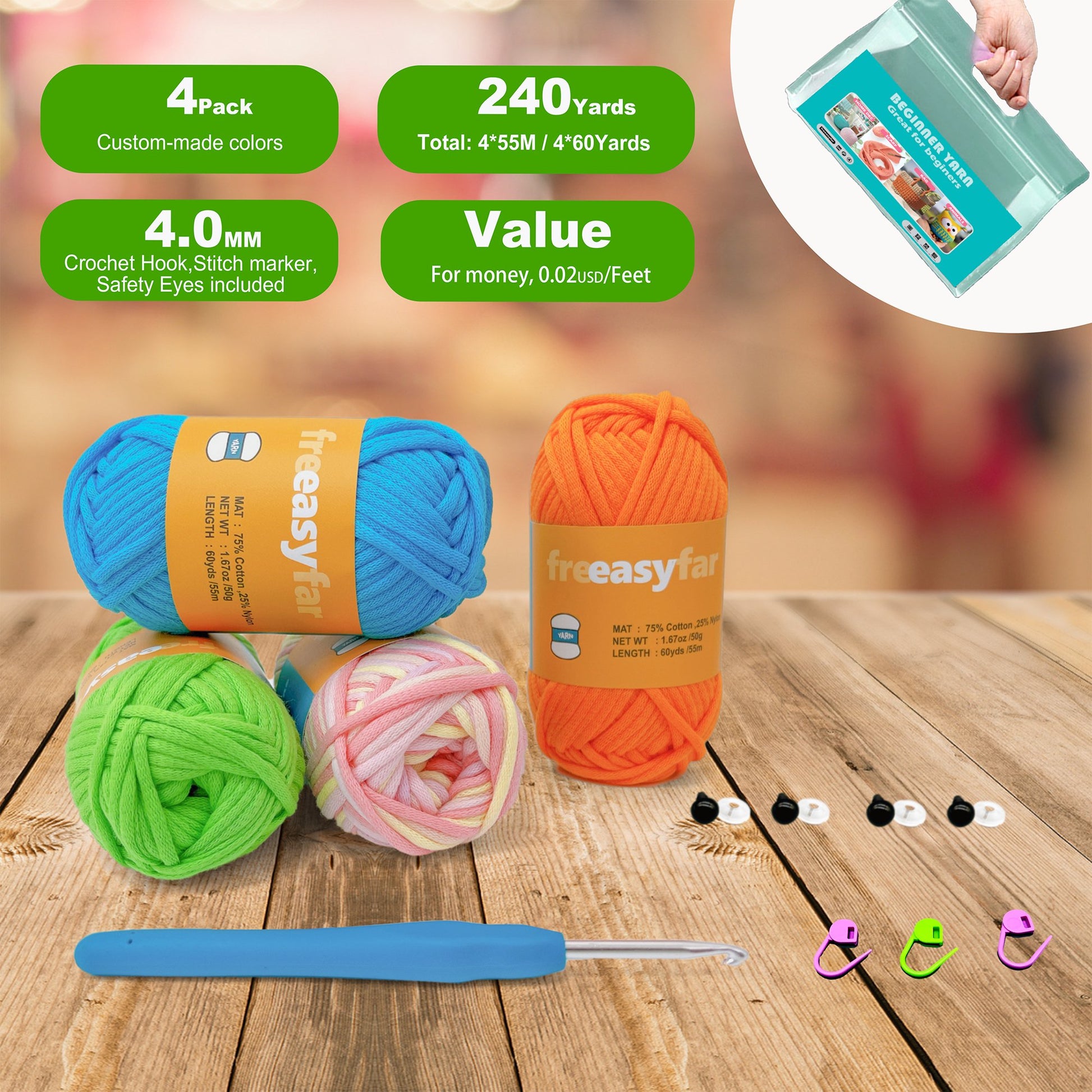 Beginner Yarn for Crocheting and Knitting, 350 Yards (4x50g) Soft Four  Colors