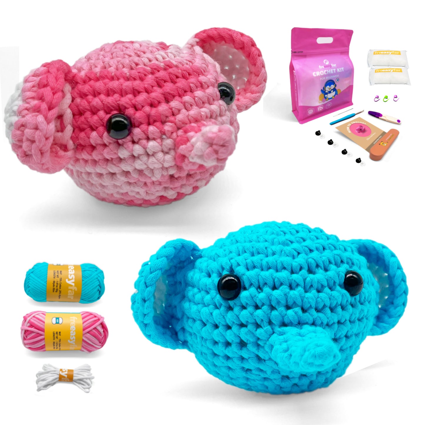 Crochet Kit for Beginners, 2 PCS Elephant Crochet Animal Kit for Adults Kids - Freeasyfar